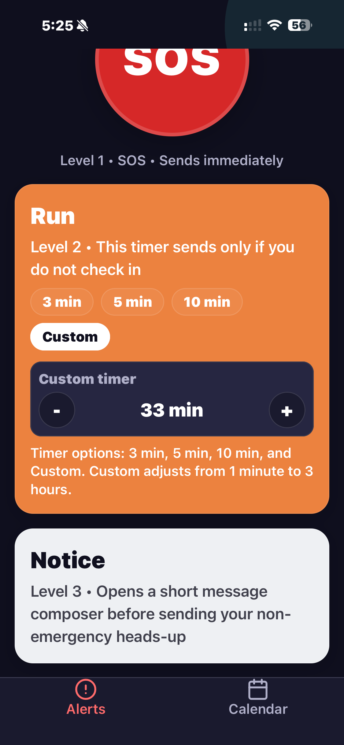 SOS 111 App alert screen showing Level 1 SOS, Level 2 Run timer, and Level 3 Notice options