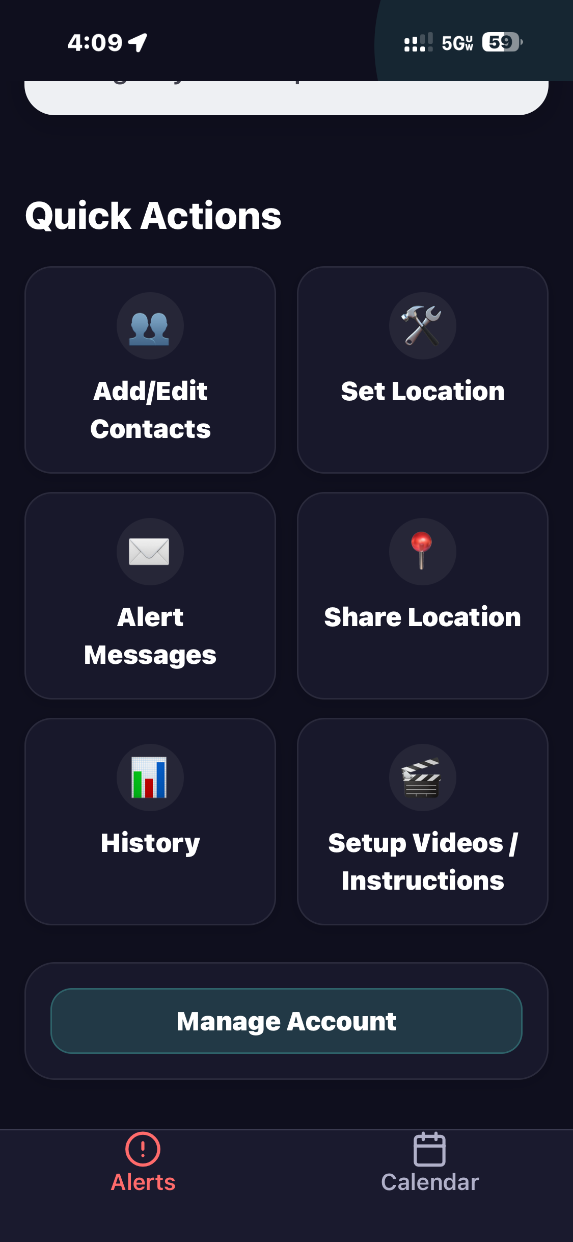 SOS 111 App Quick Actions screen showing contacts, location, messages, history, and account options