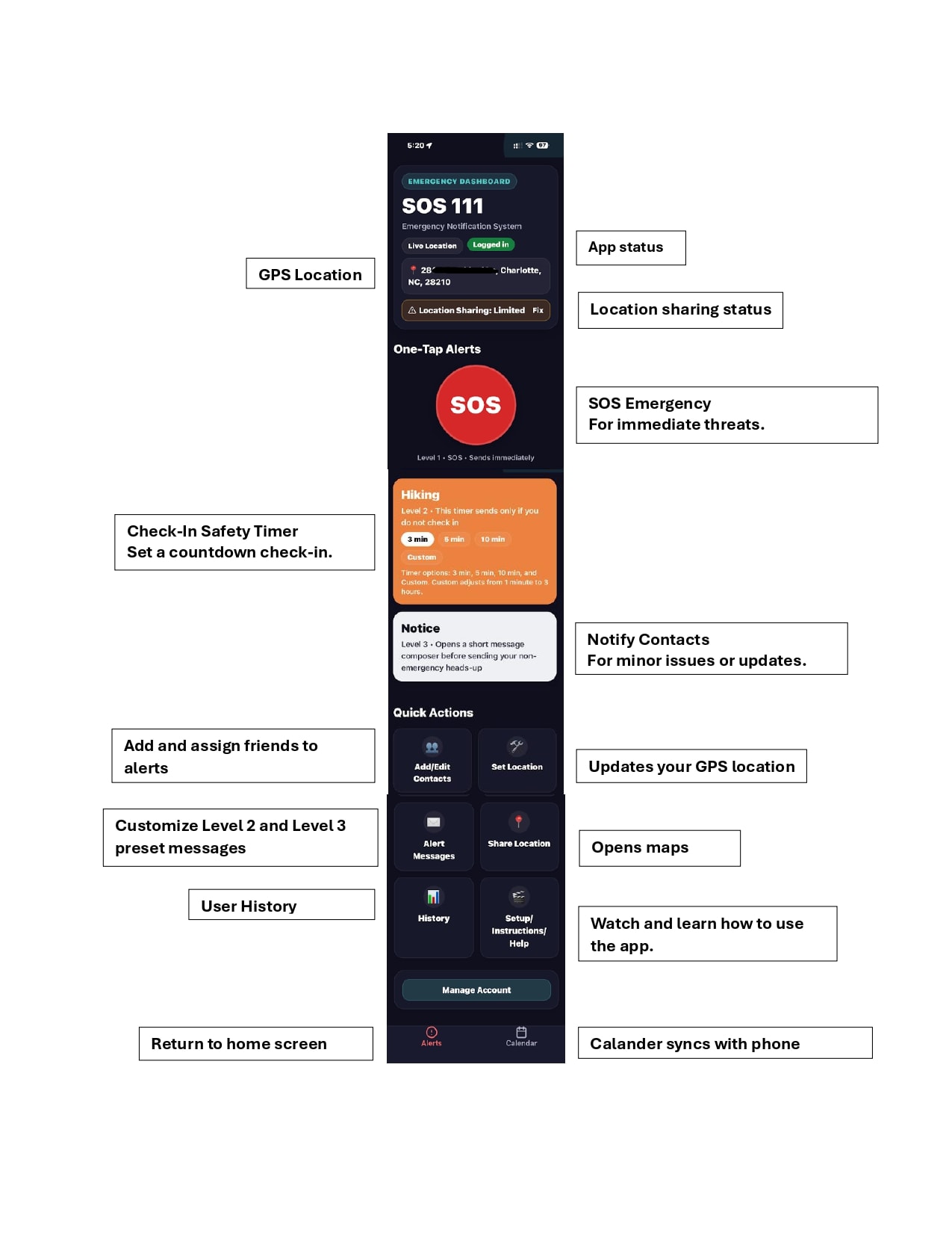 SOS 111 App interface showing alert levels, quick actions, and navigation