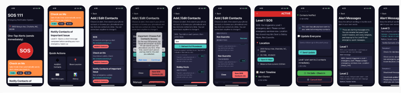 SOS 111 App app interface showing multiple screens including home, check-in, contacts, alerts, and active emergency features